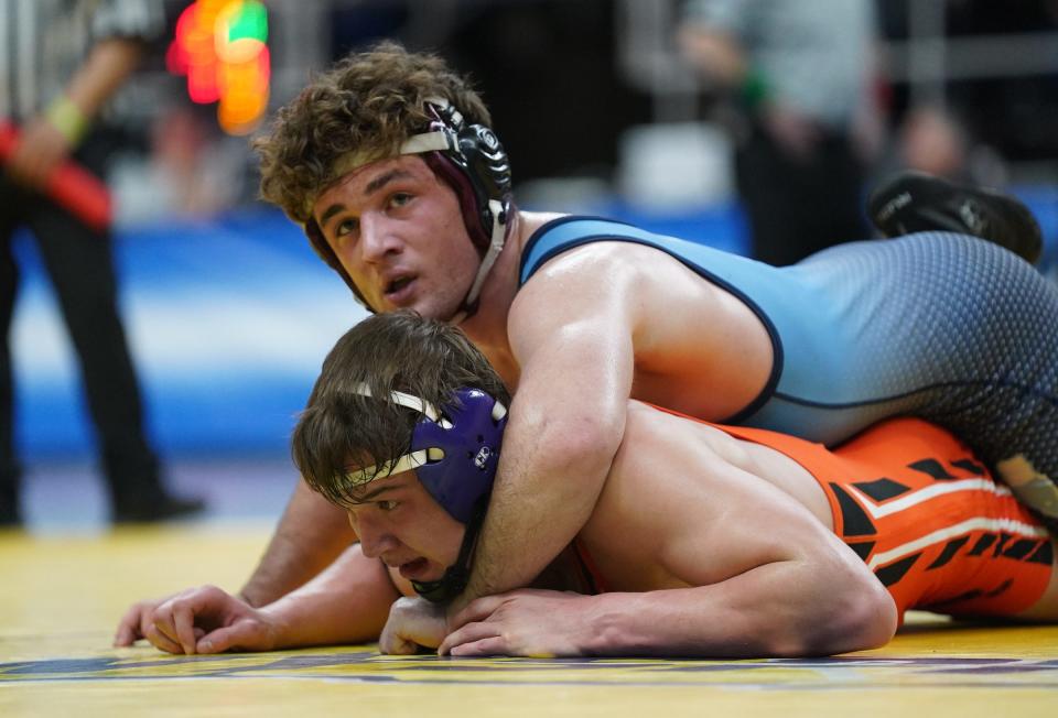 Nyack's Sam Szerlip wrestles in the second round matches of the NYSPHSAA Wrestling Championships at MVP Arena in Albany, on Friday, February 24, 2023.