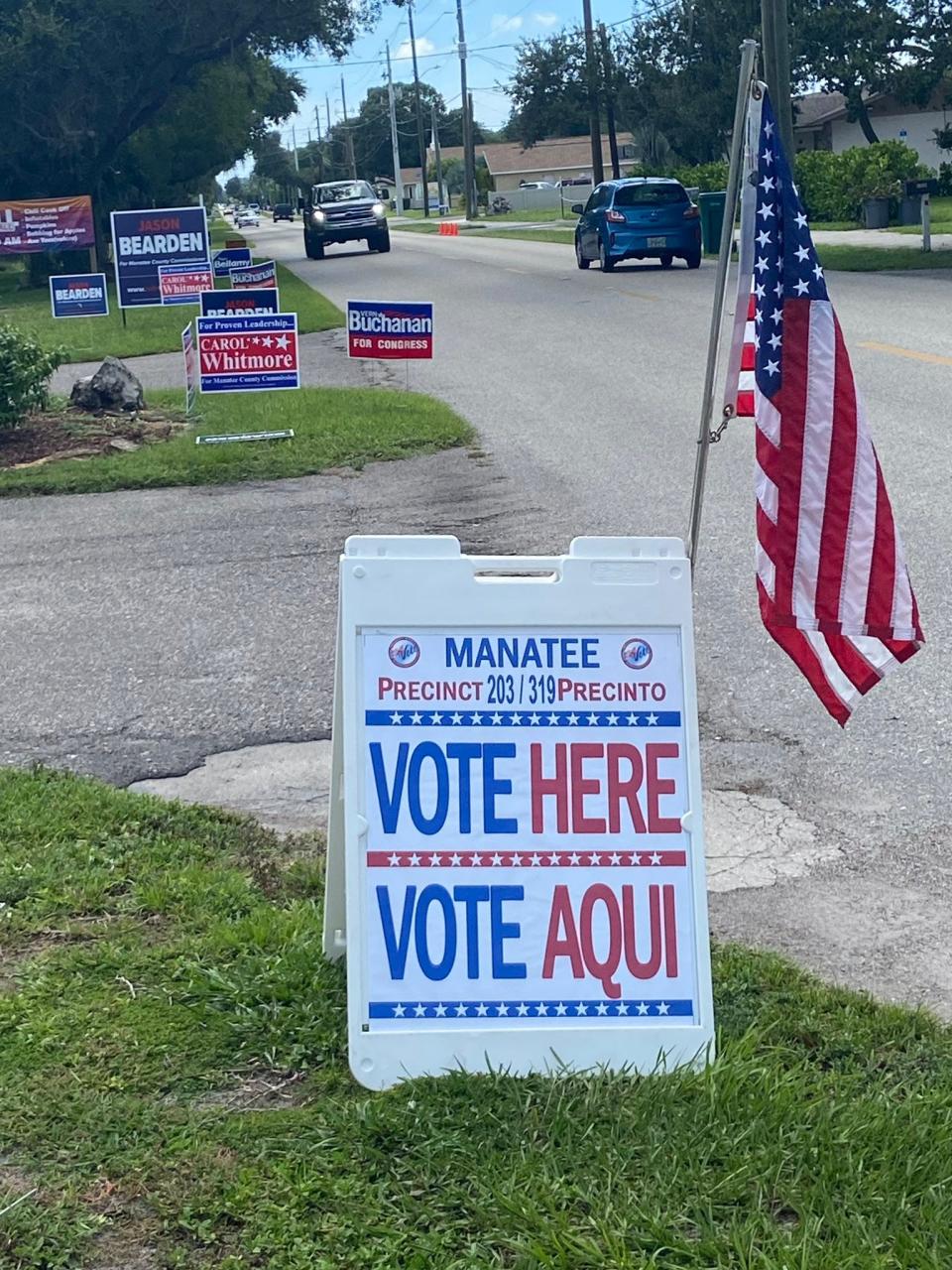 Signs outside of the polling location in Church of Hope in Palmetto on August 23, 2022.