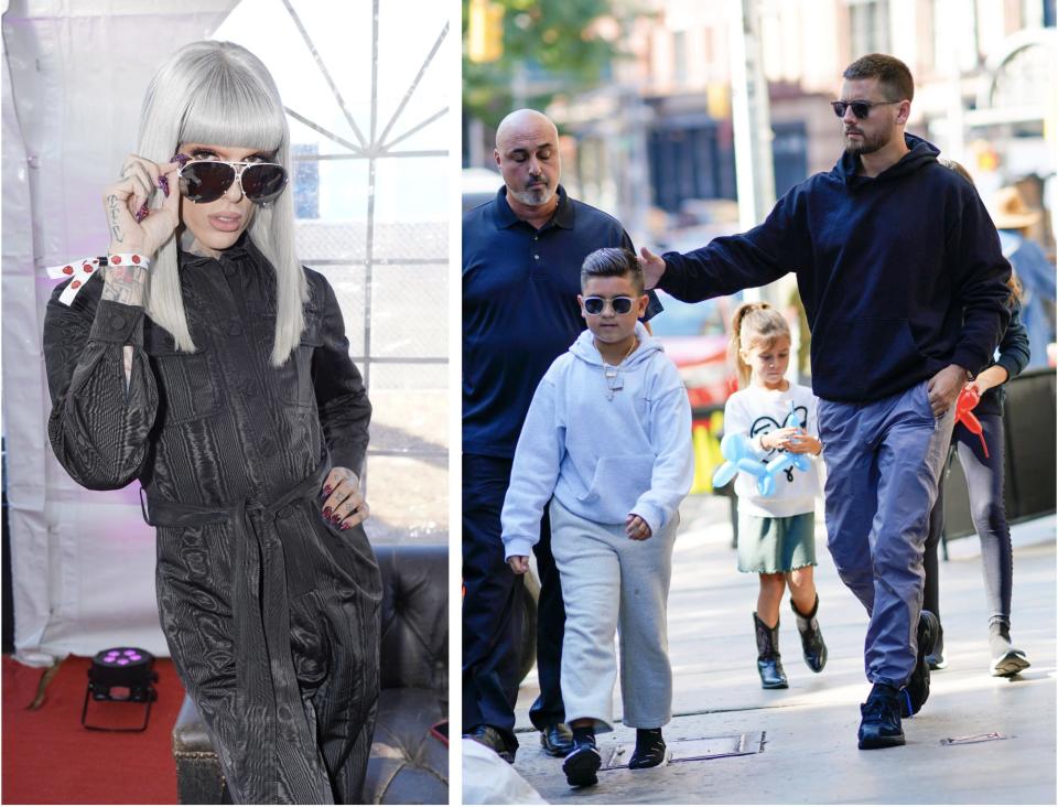 Jeffree Star (L) tweeted and deleted his response to 10-year-old Mason Disick, pictured with his father, Scott Disick (R).