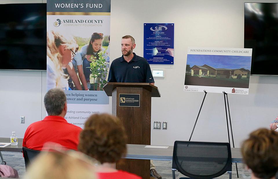 SJE operations manager Tim Bartholomew announces that SJE Inc. will match all donations made in June, up to the first $200,000 at the "Month of Giving" for the Women's Fund Childcare Initiative kickoff event held at SJE. The Women's Fund of the Ashland County Community Foundation kicked off its fundraising campaign for a new childcare center at the Ashland Business Park.. TOM E. PUSKAR/TIMES-GAZETTE.COM