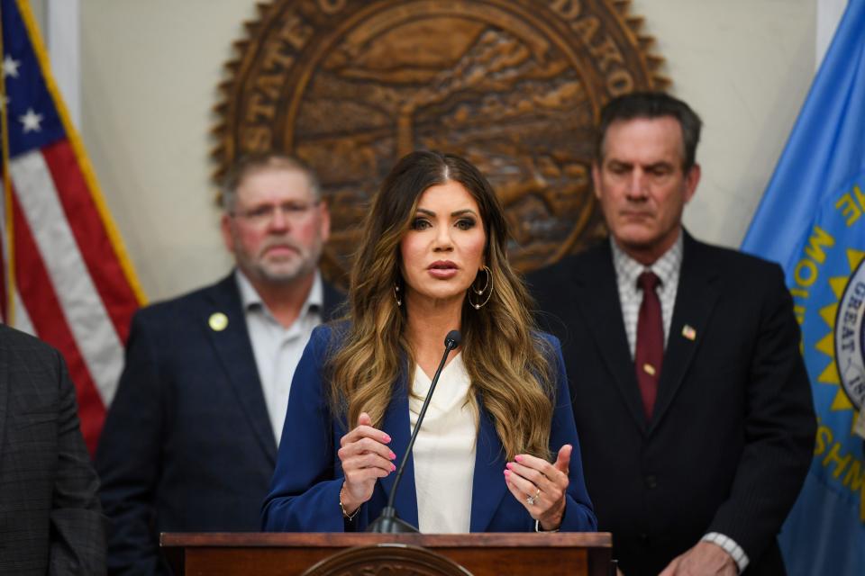 South Dakota Governor Kristi Noem discusses the drug cartel's presence on the state's tribal lands during a news conference Friday, May 17, 2024, at the South Dakota State Capitol in Pierre, South Dakota.