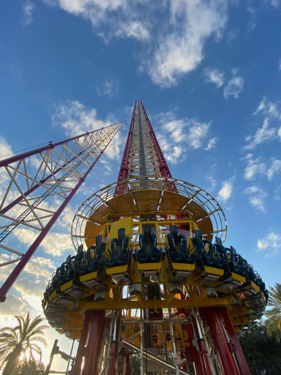 The Orlando FreeFall at ICON Park is the world’s tallest free-standing drop tower, according to the park. Once the 30 riders reach the top, the ride tilts forward before falling at more than 75 mph.