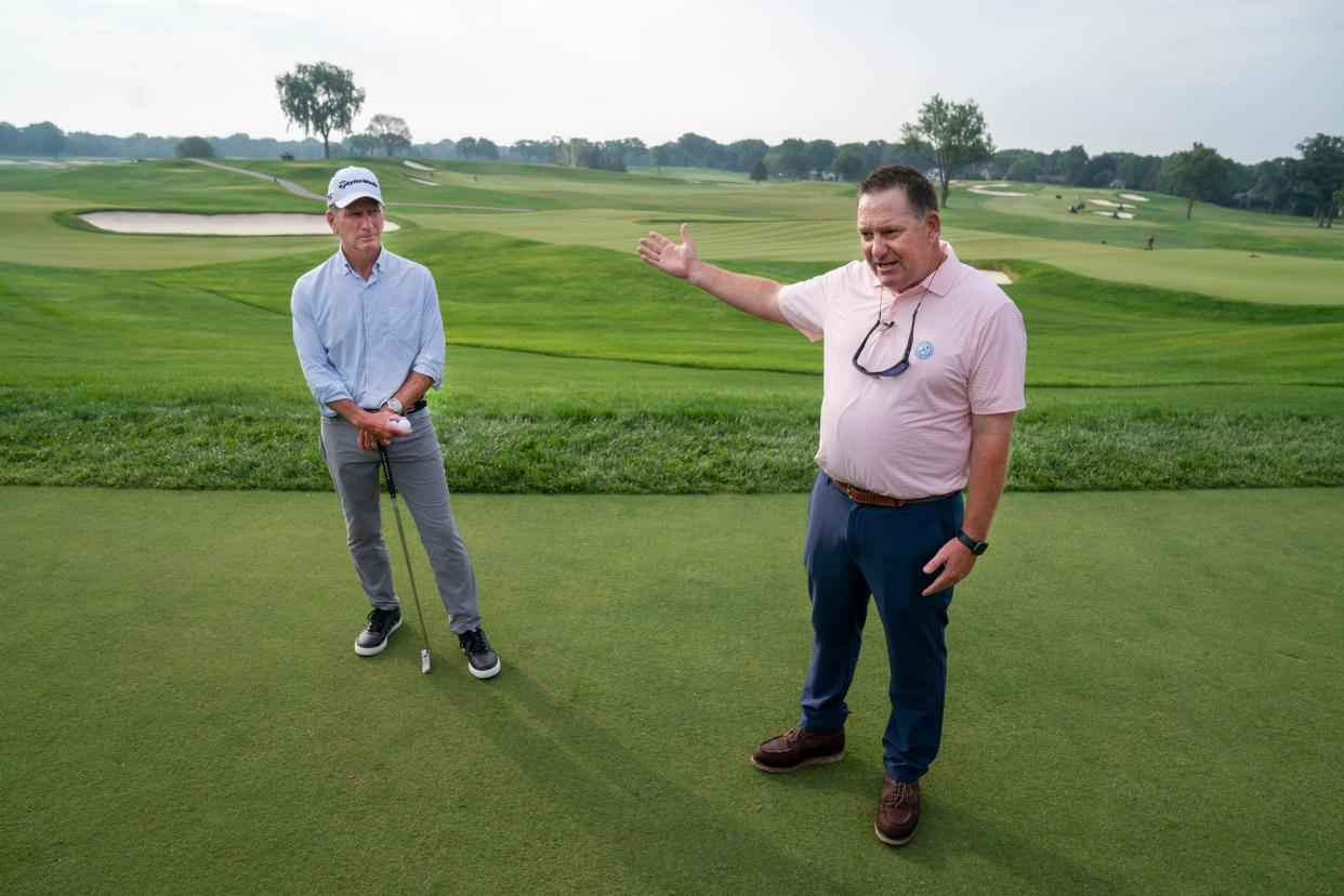 The Oakland Hills Country Club golf pro Steve Brady, left, and director of agronomy Phil Cuffare give a tour of the South Course to media on Tuesday, June 18, 2024 before the club and the USGA hosts the 76th U.S. Junior Amateur at the club in July. The original course was designed by Donald Ross and recent restorations through 2021, that were pointed out on the press tour, were designed by Gil Hanse and Jim Wagner.