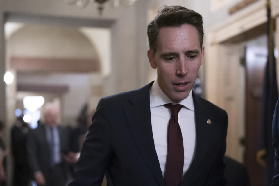 FILE - Sen. Josh Hawley, R-Mo., walks at the Capitol in Washington, Nov. 16, 2022. St. Louis County Prosecuting Attorney Wesley Bell announced Wednesday, June 7, 2023 he is running for Sen. Hawley's seat. (AP Photo/J. Scott Applewhite, File)