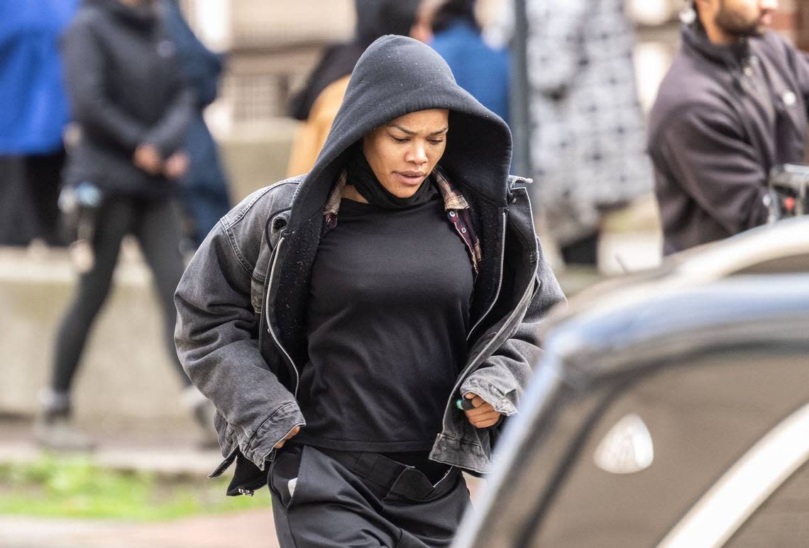 Actor Teyana Taylor walks to a vehicle as she takes part in the production of a Warner Bros. movie on Tuesday, Feb. 6, 2024 in downtown Sacramento. Hector Amezcua/hamezcua@sacbee.com