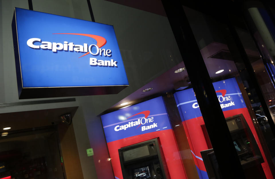 FILE - This Monday, Nov. 23, 2015, file photo shows a Capital One bank in New York. Capital One Financial Corp. reports earnings, Tuesday, Oct. 24, 2017. (AP Photo/Mark Lennihan, File)
