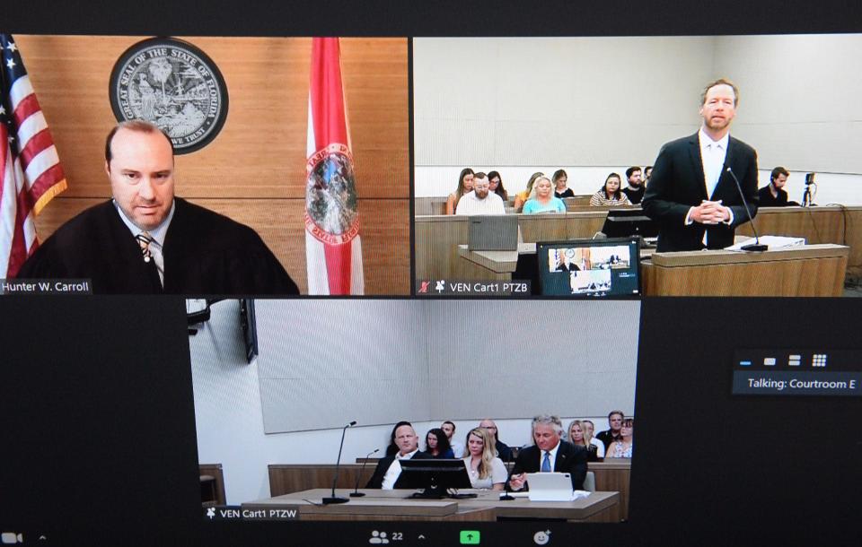 Matthew Luka, top left, an attorney for Brian Laundrie's parents, makes his case before Judge Hunter Carroll, top right, as he seeks to have a negligence lawsuit dismissed in court in Sarasota County, Florida on Wednesday, June 22, 2022.  Gabby Petito's parents claim in their lawsuit that the Laundrie's acted maliciously by not telling them where their daughter was and if she was alive.