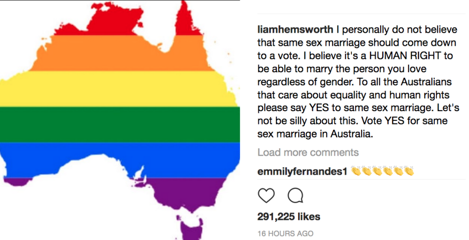 LIam Hemsworth has thrown his support behind same sex marriage in Australia (Instagram)