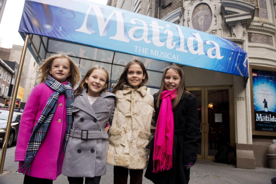 Actresses, from left, Milly Shapiro, Sophia Gennusa, Oona Laurence and Bailey Ryon, who will share the title role in "Matilda the Musical" on Broadway, pose for a portrait outside the Shubert Theatre, on Thursday, Nov. 15, 2012 in New York. (Photo by Charles Sykes/Invision/AP)