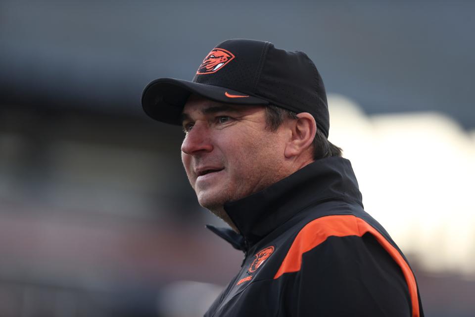 Oregon State head coach Jonathan Smith reacts to a foul called against Oregon State during the fourth quarter against Oregon at Reser Stadium in Corvallis, Ore. on Saturday, Nov. 26, 2022. 