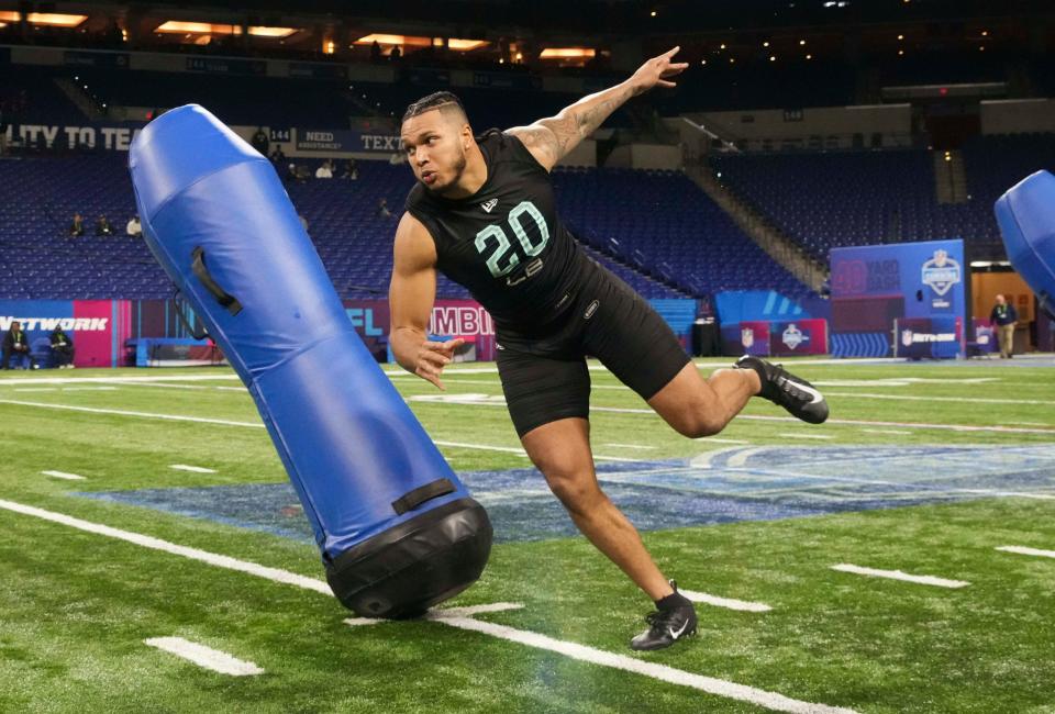 Florida State edge rusher Jermaine Johnson II works out at the NFL Scouting Combine in Indianapolis.