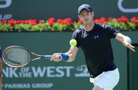 Mar 18, 2015; Indian Wells, CA, USA; Andy Murray (GRB) during his match against Adrian Mannarino (ITA) in the BNP Paribas open at the Indian Wells Tennis Garden. Mandatory Credit: Jayne Kamin-Oncea-USA TODAY