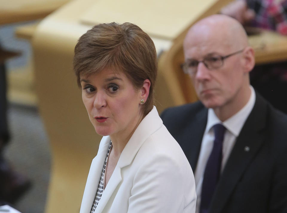 EDINBURGH, SCOTLAND - JULY 09: Scottish First Minister Nicola Sturgeon announces lifting of some Coronavirus lockdown rules at the Scottish Parliament in Holyrood on July 9, 2020 in Edinburgh, Scotland. Measures included related to the increase in size of gatherings, and overnight stays. (Photo by Fraser Bremner - WPA Pool/Getty Images)