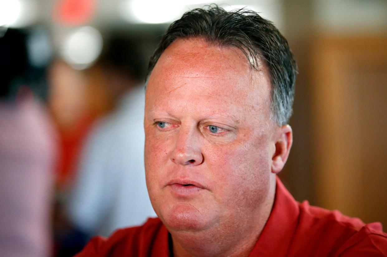 Cale Gundy, pictured during OU football media day on Aug. 2 in Norman, announced his resignation from the coaching staff Sunday night after using "shameful and hurtful" language during a team meeting last week.