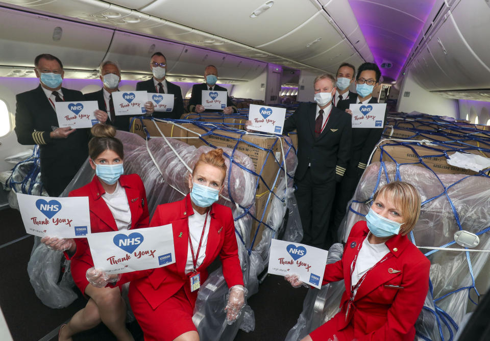 A Virgin Atlantic charter flight lands at Heathrow Airport, London, delivering vital medical supplies to UK from Shanghai. Itis one of eight cargo-only flights, in partnership with the Department of Health and the NHS, that Virgin Atlantic is operating during April.