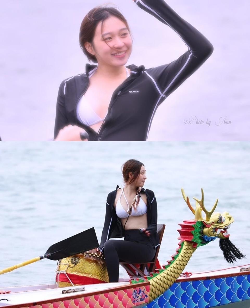Yiwo與朋友參與香港龍舟訓練比賽，上半身穿比基尼，露出美胸吸睛。（翻攝IG@duckyiwo）