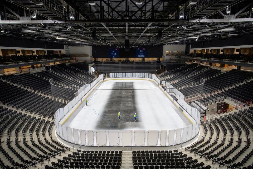 Icing and thin layers of paint begin inside Acrisure Arena, the home of the Coachella Valley Firebirds, hockey rink in Thousand Palms, Calif., on Tuesday, Dec. 6, 2022. 