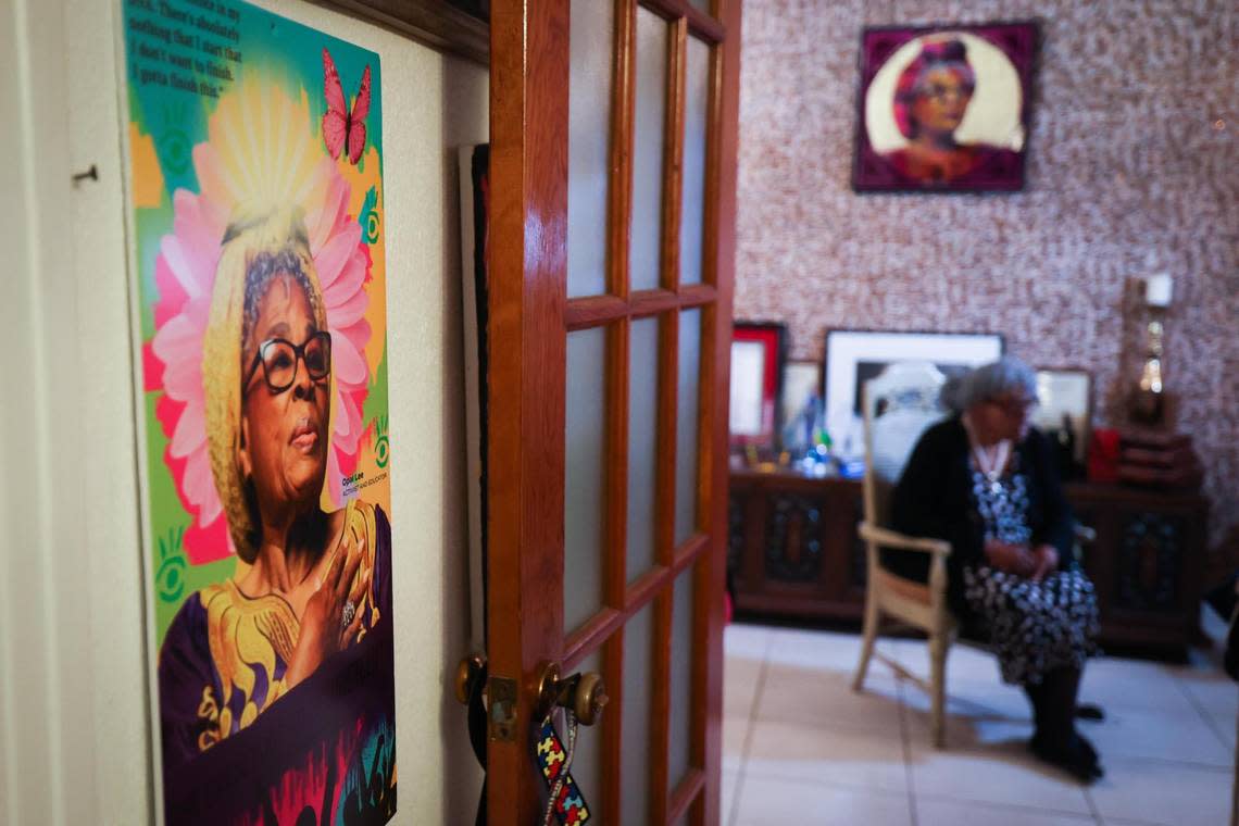 Photos and posters from over the years of activism are displayed at Opal Lee’s home in Fort Worth.