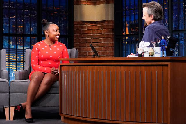 <p>Lloyd Bishop/NBC/Getty</p> Quinta Brunson during an interview with host Seth Meyers on May 15, 2024.