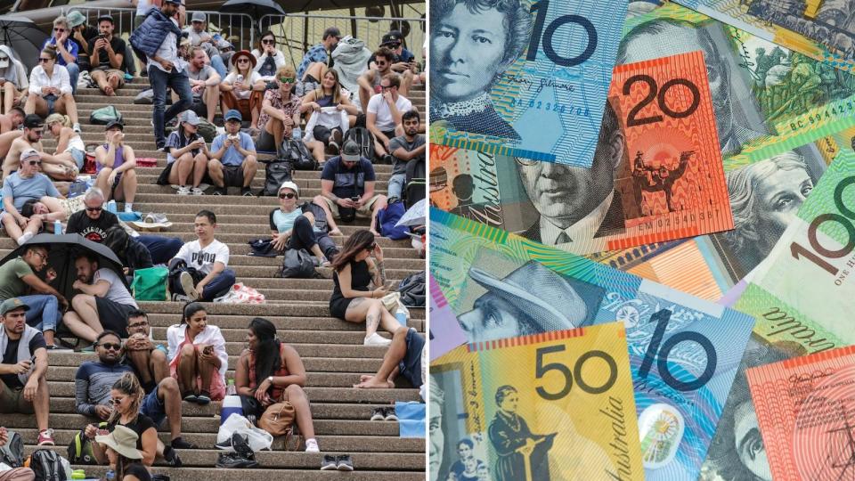 Compilation image of people sitting on steps and pile of Australian dollar notes to represent money at tax deadline