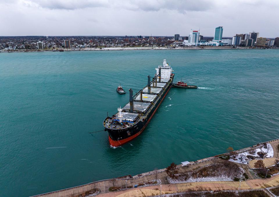 Drone photos show the Portuguese freighter the Barbro G aground near the Detroit riverfront on Monday, Nov. 27, 2023.
