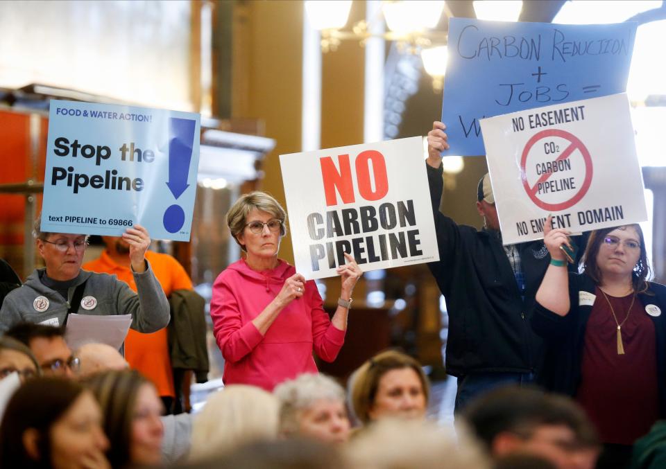 Hundreds of concerned landowners from across Iowa gathered March 29, 2022, in the rotunda at the Iowa Capitol in Des Moines to voice their concerns about the use of eminent domain to acquire land for proposed carbon pipelines.