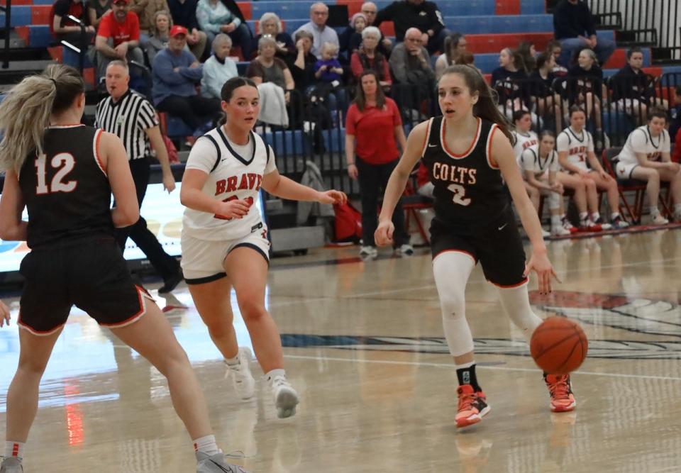 Meadowbrook junior Kenli Norman (20) dribbles past Indian Valley's Macy Lancaster (22) during a game from the regular season. Norman was am East District first-team selection in Division III.