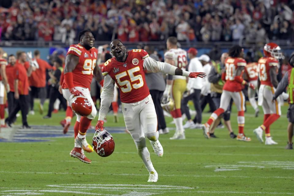 Kansas City Chiefs' Frank Clark celebrates after defeating the San Francisco 49ers in the NFL Super Bowl 54 football game Sunday, Feb. 2, 2020, in Miami Gardens, Fla. (AP Photo/Mark J. Terrill)