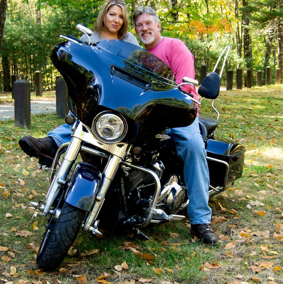 Jeff Zajac and Jessica Edom-Zajac pose for a photo on their motorcycle. The couple secretly eloped and were set to have a wedding when they were struck by a car in Seabrook, killing Jeff and injuring Jessica.