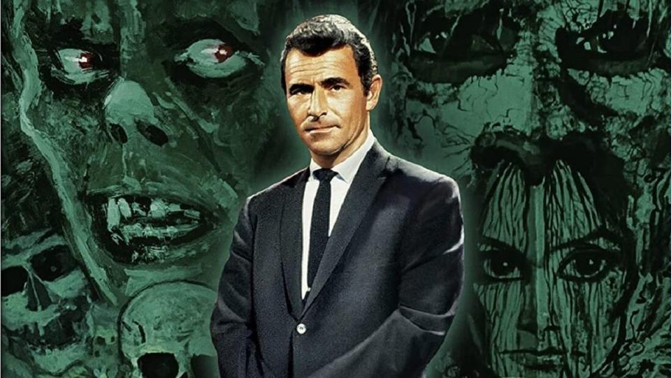 Rod Serling stands in the center of images from The Night Gallery.