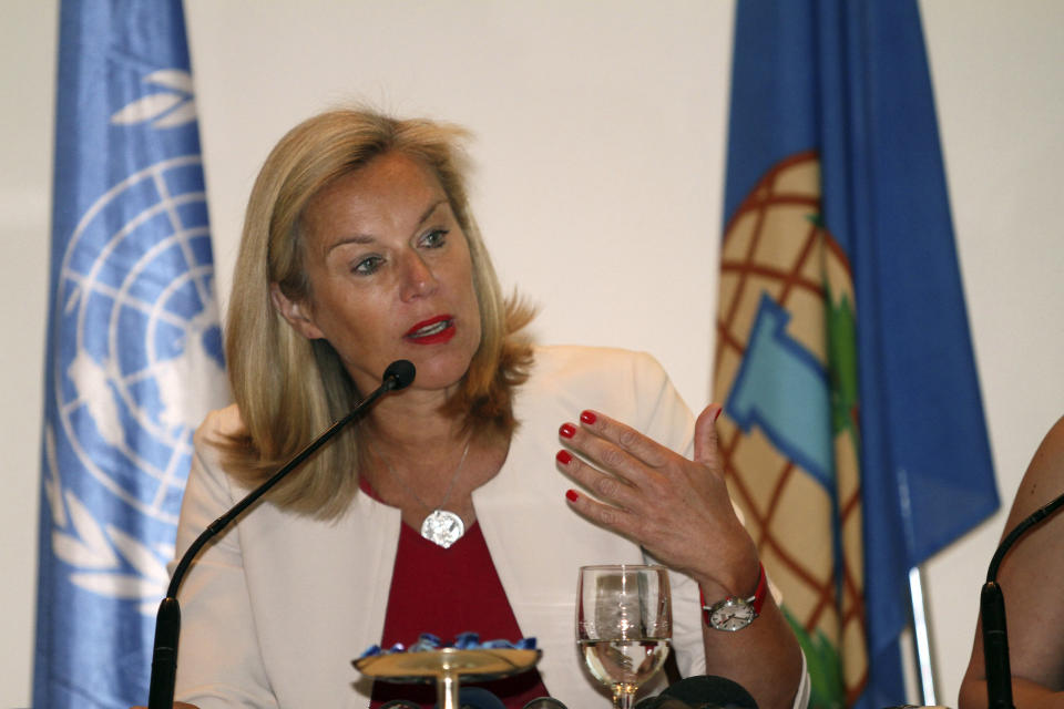 Sigrid Kaag of the Organization for the Prohibition of Chemical Weapons speaks during a press conference in Damascus, Syria on Sunday, April 27, 2014. Kaag told reporters in Damascus that 92.5 percent of Syria's chemical materials had been removed from the country and destroyed. She described it as “significant progress,” though she says the government needs to ensure the remaining materials are eradicated by the end of the month. (AP/Photo)