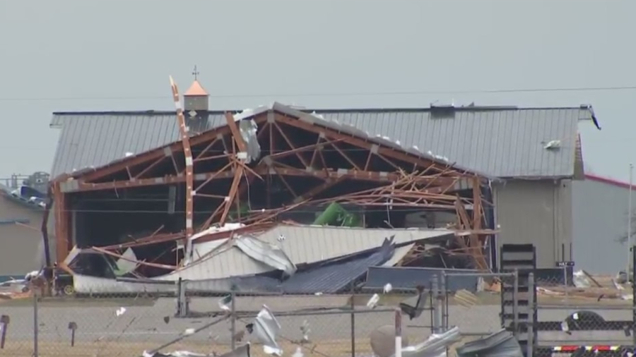 The Ohio State Agricultural Center in Madison County takes extensive damage after strong storms on February 28, 2024. (NBC4 Photo)