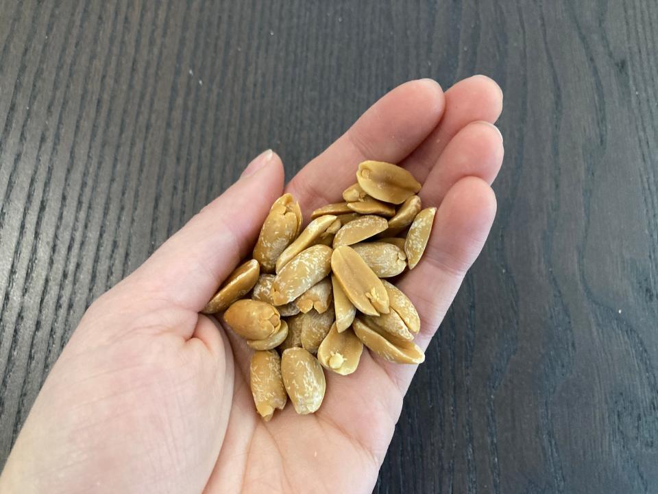 A handful of pickle-flavored peanuts from Trader Joe's.