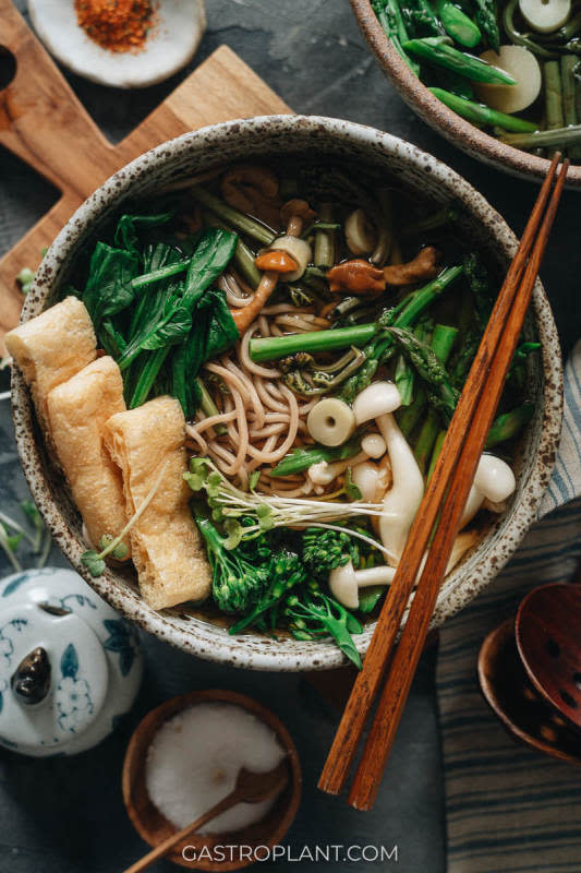 <p>This soba noodle soup features fresh spring veggies, crispy tofu, bamboo shoots, and mushrooms in a smoky, savory broth with toothy buckwheat noodles. It’s both refreshing and hearty – a slurpable and soothing one-bowl meal.</p><p><strong>Get the recipe: <a href="https://gastroplant.com/vegan-soba-noodle-soup-sansai-soba/" rel="nofollow noopener" target="_blank" data-ylk="slk:Vegan Soba Noodle Soup;elm:context_link;itc:0;sec:content-canvas" class="link rapid-noclick-resp"><em>Vegan Soba Noodle Soup</em></a></strong></p>