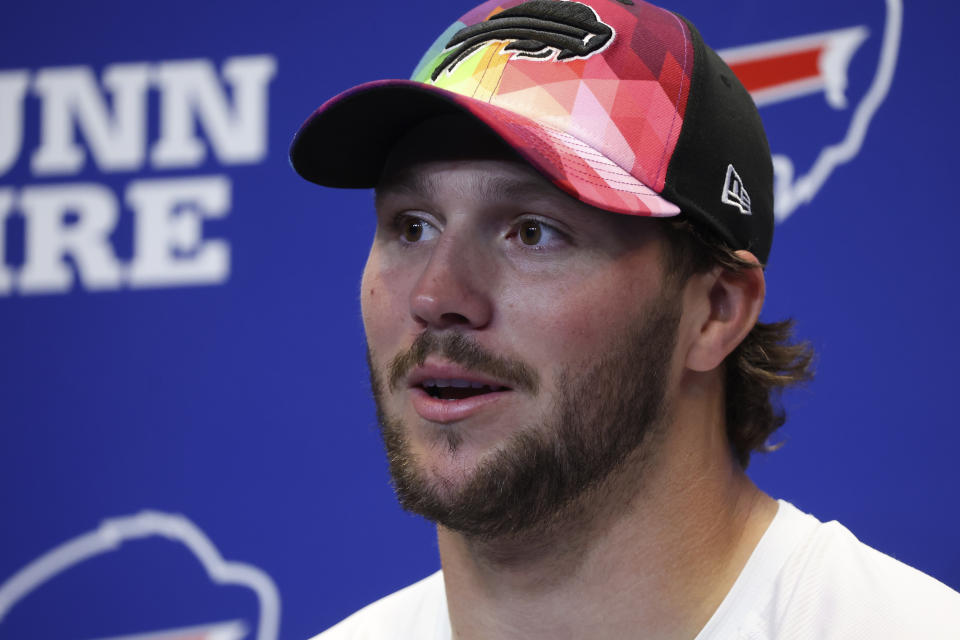 Buffalo Bills quarterback Josh Allen faces reporters following an NFL football game against the Miami Dolphins, Sunday, Oct. 1, 2023, in Orchard Park, N.Y. (AP Photo/Jeffrey T. Barnes)