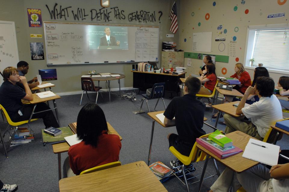 Ninth-grade River City Science Academy students listen to then-President Barack Obama's speech to school children in this 2009 picture.