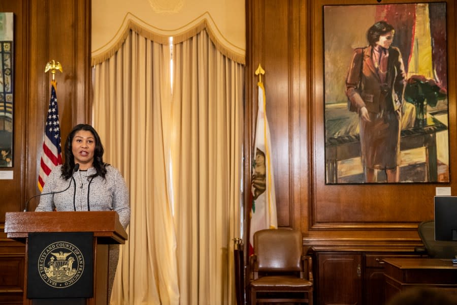 Mayor London Breed speaks to members of the media at City Hall in San Francisco on Sept. 29, 2023. (Stephen Lam/The San Francisco Chronicle via Getty Images)