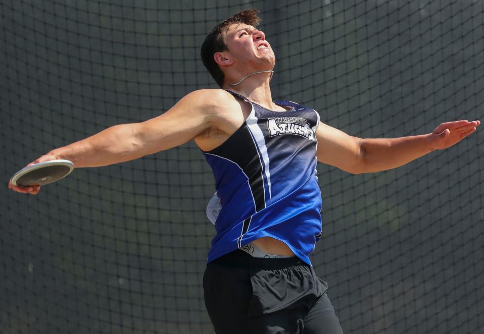 Aiden Janke of Athens throws the discus during the WIAA Division 3 state track and field championships Saturday at Veterans Memorial Stadium in La Crosse. Janke won the event.