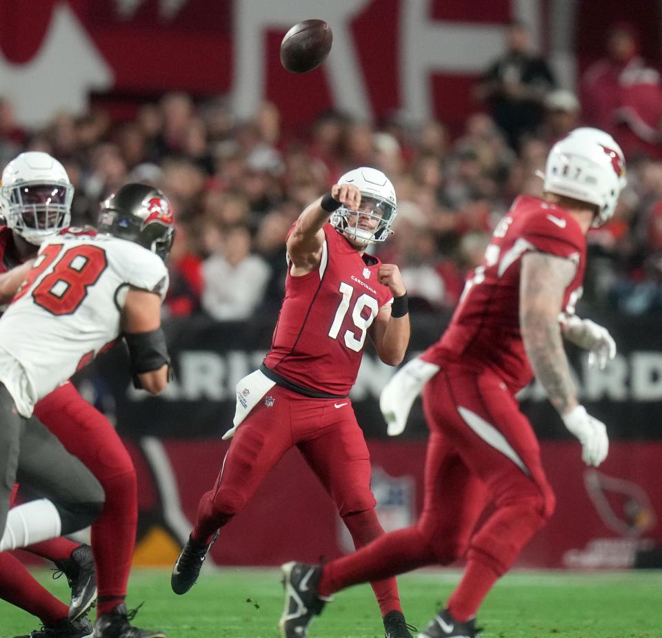 Dec 25, 2022; Glendale, Arizona, USA; Arizona Cardinals quarterback Trace McSorley (19) throws the ball against the Tampa Bay Buccaneers at State Farm Stadium. Mandatory Credit: Joe Rondone-Arizona Republic