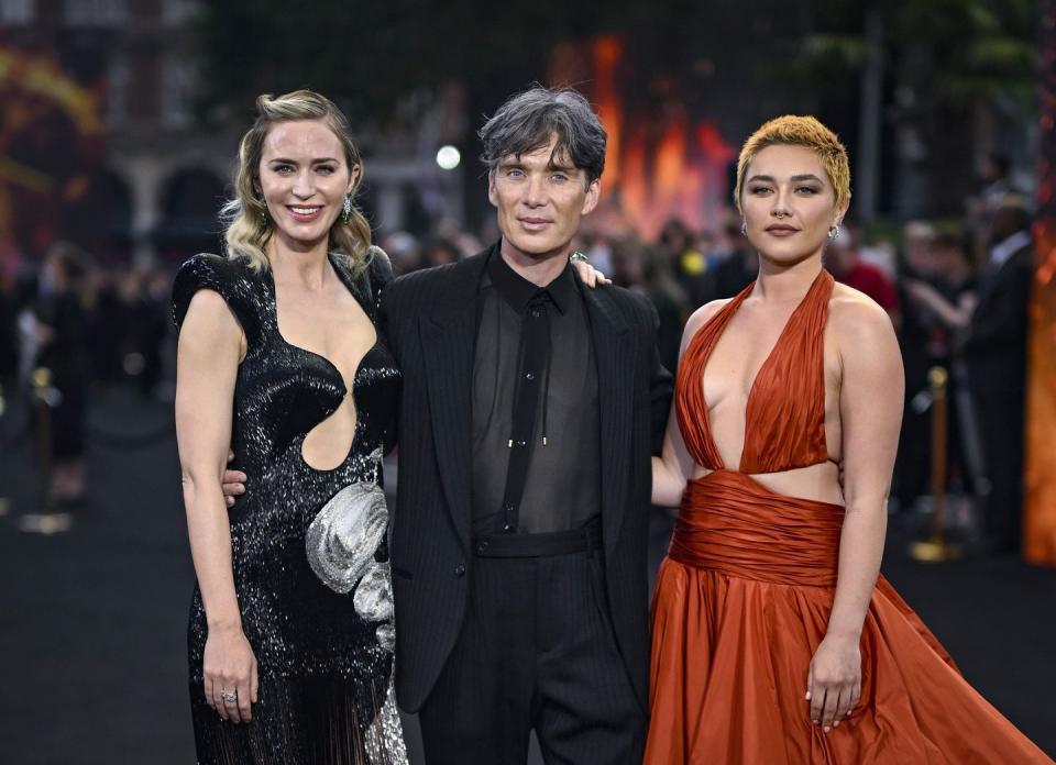 london, england july 13 l r emily blunt, cillian murphy and florence pugh attend the 
