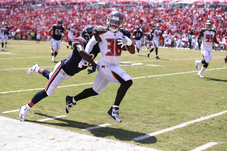 <p>Chicago Bears wide receiver Kendall Wright is unable to catch Tampa Bay Buccaneers defensive back Robert McClain as McClain returns an interception for a touchdown in the second quarter on Sunday, Sept. 17, 2017 at Raymond James Stadium in Tampa, Fla. (Chris Sweda/Chicago Tribune/TNS) </p>