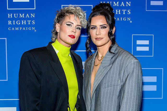 <p>Roy Rochlin/Getty</p> Ali Krieger and Ashlyn Harris attend the Human Rights Campaign's 2023 dinner in New York