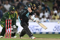 New Zealand's Mark Chapman bats during the T20 cricket international between New Zealand and Pakistan at Eden Park in Auckland, New Zealand, Sunday, Jan. 14, 2024. (Andrew Cornaga/Photosport via AP)