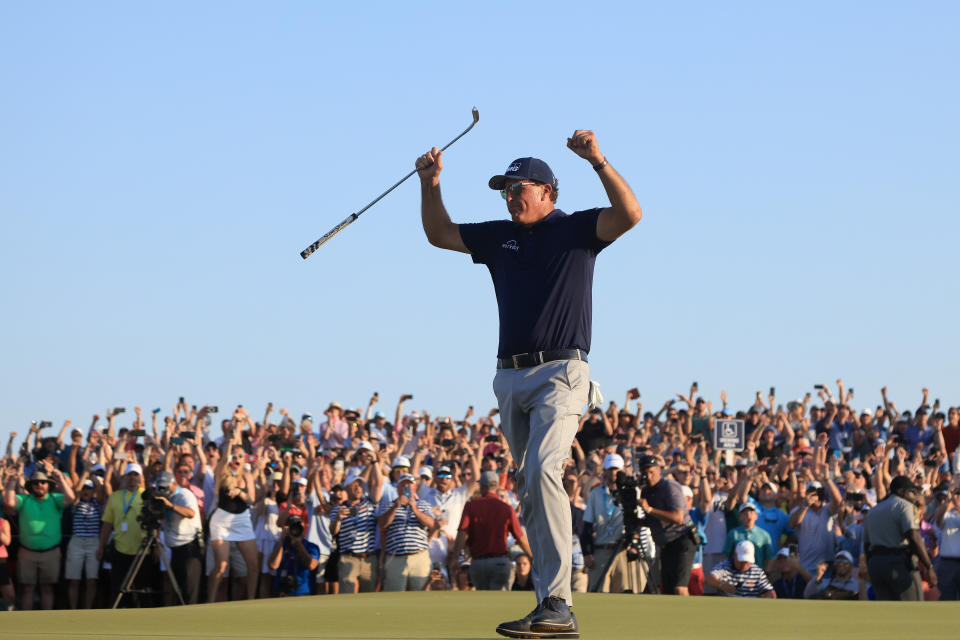 KIAWAH ISLAND, SOUTH CAROLINA - MAY 23: Phil Mickelson of the United States celebrates on the 18th green after winning during the final round of the 2021 PGA Championship held at the Ocean Course of Kiawah Island Golf Resort on May 23, 2021 in Kiawah Island, South Carolina. (Photo by Sam Greenwood/Getty Images)