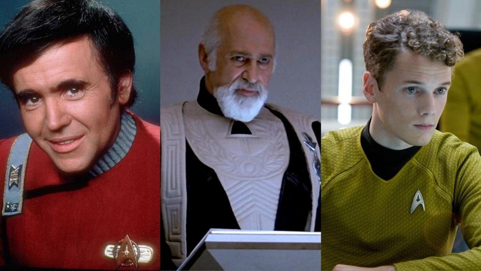 Walter Koening as Pavel Chekov in the original Star Trek films, the Federation President from Star Trek IV: The Voyage Home, and Anton Yelchin as Chekov from from Star Trek: 2009.