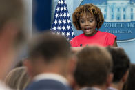 White House press secretary Karine Jean-Pierre, answers a question from the media in the briefing room of the White House, Tuesday, Sept. 5, 2023, in Washington. (AP Photo/Jacquelyn Martin)