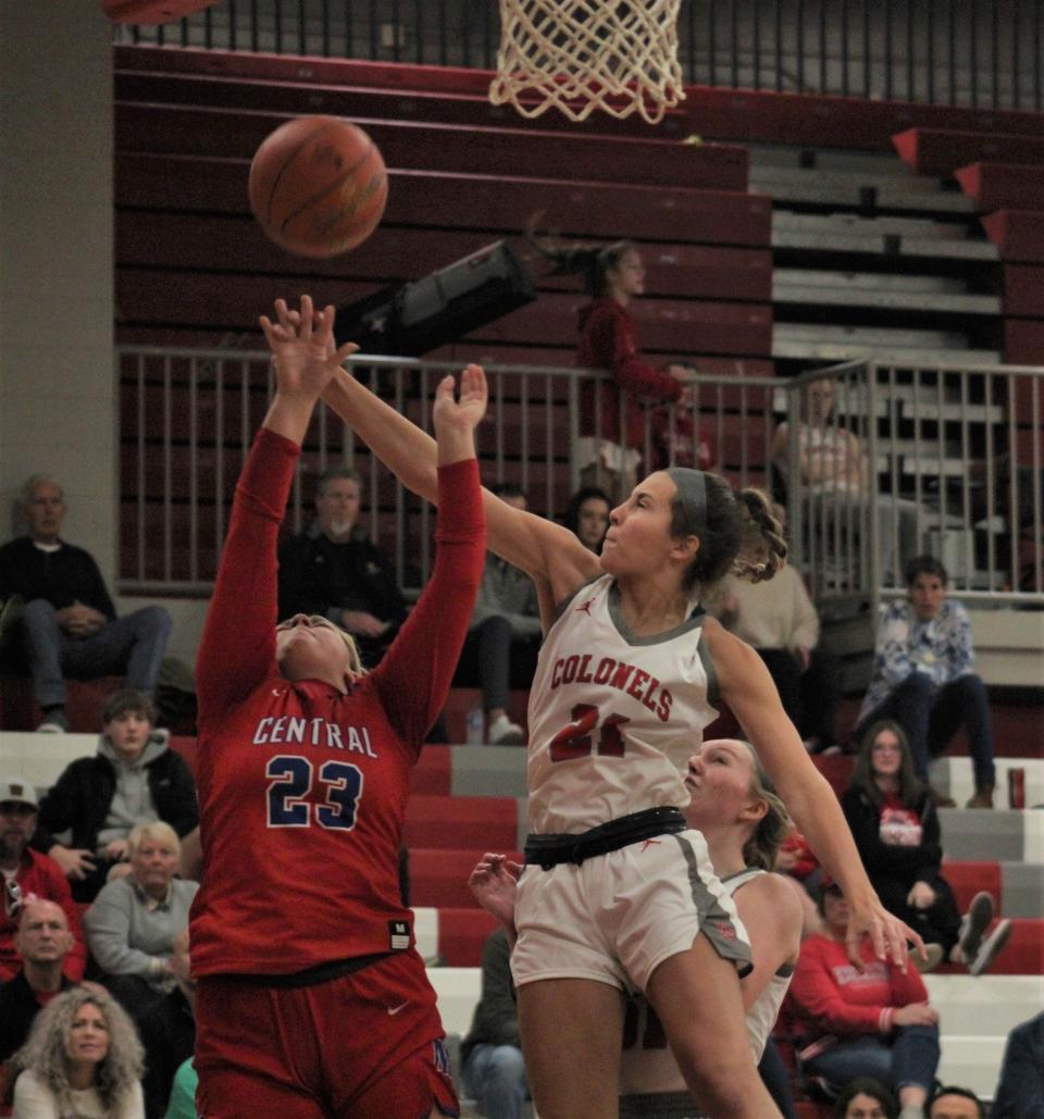 Dixie Heights' Samantha Berman tries to block a shot as Dixie Heights defeated Madison Central 67-49 in KHSAA girls basketball Dec. 4, 2021 at Dixie Heights.