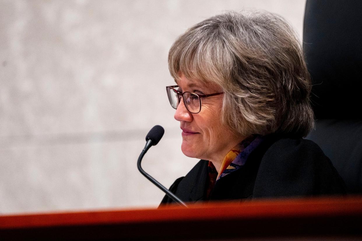 Iowa Supreme Court Justice Dana Oxley listens during oral arguments for the lawsuit challenging Iowa's 2023 law banning most abortions at 6 weeks at the Iowa Supreme Court on Thursday, April 11, 2024, in Des Moines.