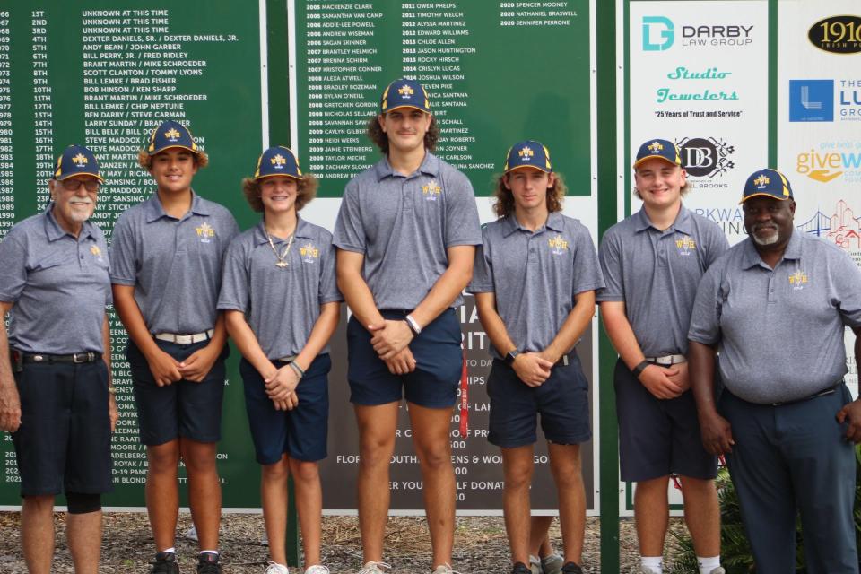 Winter Haven won the Polk County Golf Championship on Monday Oct. 17 at Cleveland Heights. From left to right are Roger Walker, John Roberts, Anthony Monteleone, Dylan Deleo, Shawn Ball, Aaron DeWitt and Coach Charlie James.