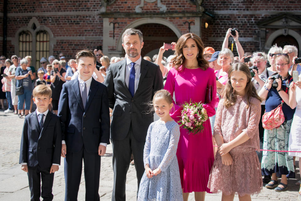 Princess Mary and Prince Frederik during the unveiling of a portrait of Crown Prince Frederik by Australian painter Ralph Heimans at Frederiksborg Palace on May 24, 2018 in Hillerod, Denmark. The exhibitions 'Ralph Heinmans Portraits' and 'HRH Crown Price Frederik - Prince of Denamrk' both open on the occasion of the 50th birthday of The Crown Prince Frederik of Denmark. 